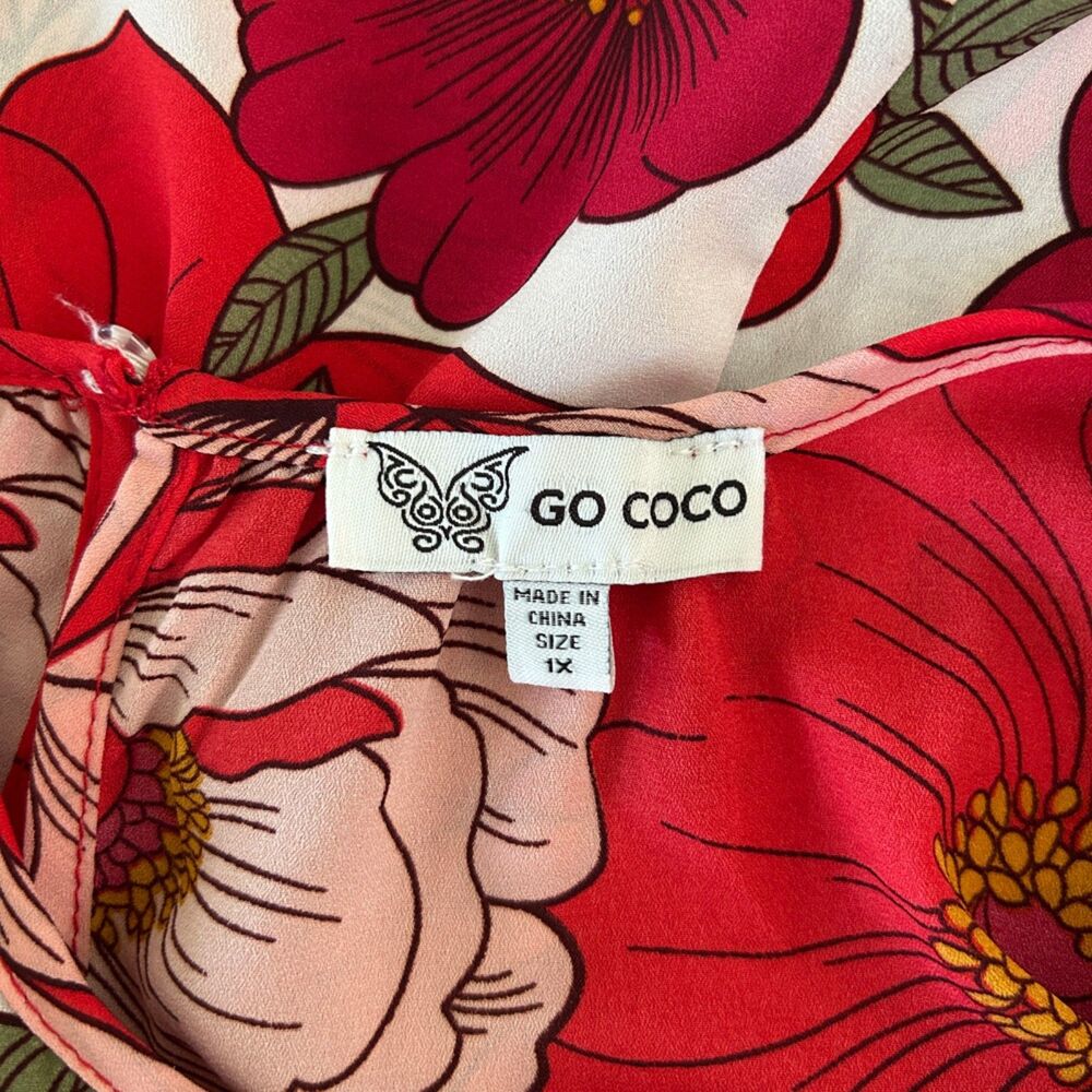 Go Coco Large-Scale Floral Print Maxi Dress (1X) Red Pink Green White Leg Slits - Picture 8 of 14